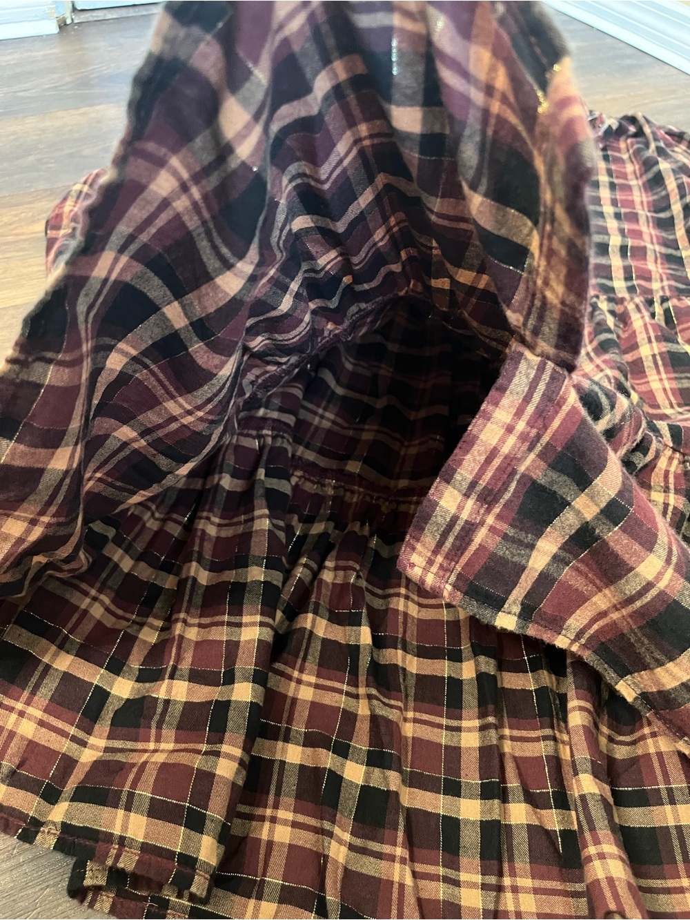 Time and Tru Burgundy & Brown Plaid Tiered Long-Sleeve Shirtdress Prairie - Picture 7 of 13